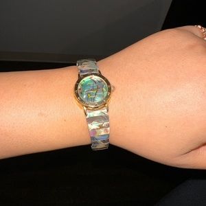 Jacques Couture Mother of Pearl Inlay Quartz Analog Ladies Watch Stretch